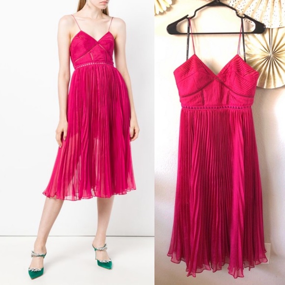 fuchsia pleated chiffon midi dress